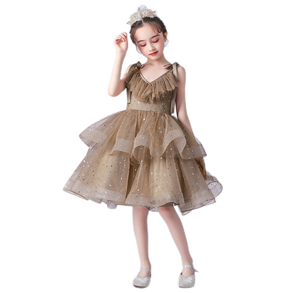 Little Girls V-Neck Special Occasion Dress Girls Fancy Birthday Party Dresses Detachable Trailing Gown