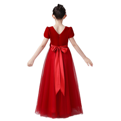 Junior Formal Dresses For Special Occasion Elegant V-Neck Party Dress Red Velvet Ball Gown With Sleeves