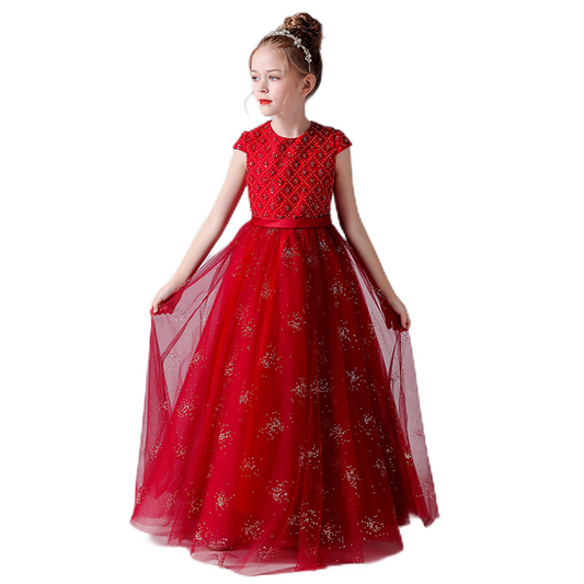 Crew Neck Junior Bridesmaid Dress Beaded Pagent Dresses For Teens Tulle Ball Gown Floor Length