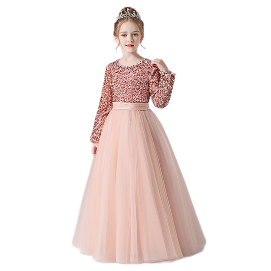 Flower Girl Dress Wedding Bridesmaid Sequins Tulle Puffy Skirt Girls Birthday Party Pageant Gown Floor Length