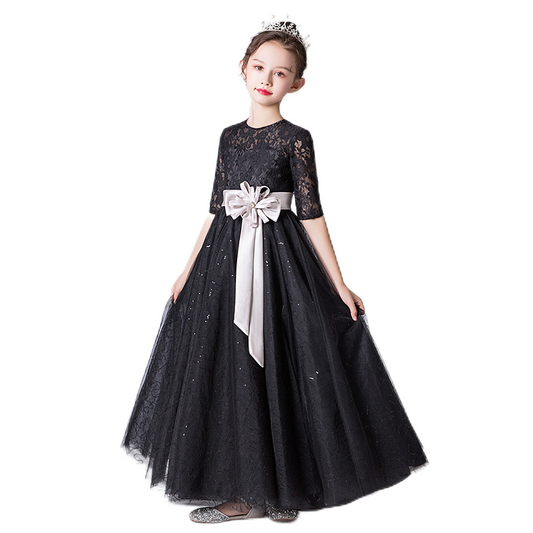 Junior Black Pageant Dresses Communion Dresses For Teen Girls Lace Formal Dresses With Sleeves