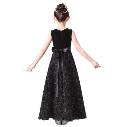Girls Formal Dresses Black Sequin Piano Dresses For Teens Special Occasion Velvet Long Dress Sleeveless