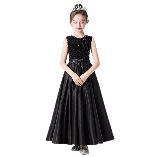 Crew Neck Black Formal Dresses For Girls Junior Sequin Special Occasion Dresses Elegant Satin Party Dress