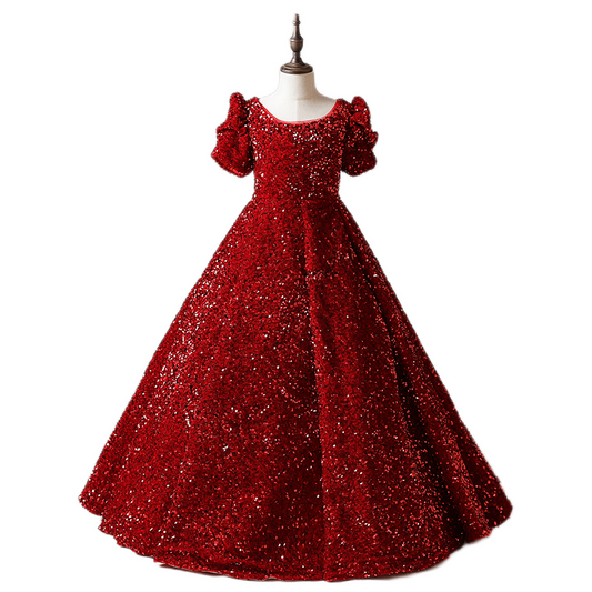 Burgundy Junior Pageant Dress Sequin Piano Performance Dress Girl Princess Ball Gown