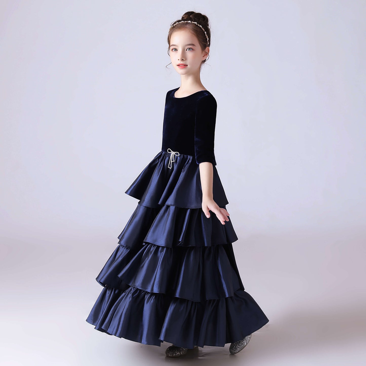 Little Girl Piano Dress Navy Blue Junior Party Cake Skirt Teen Prom Evening Dress