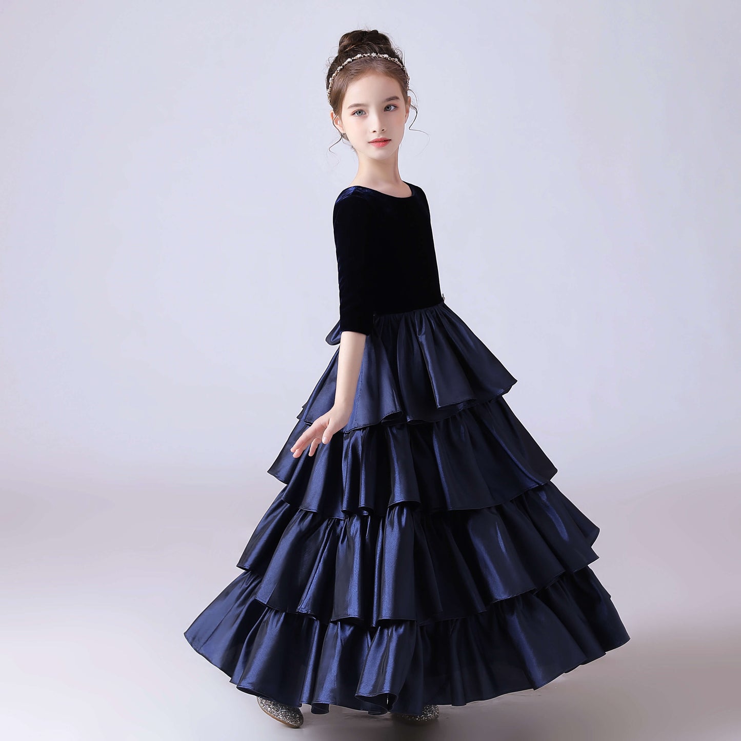 Little Girl Piano Dress Navy Blue Junior Party Cake Skirt Teen Prom Evening Dress