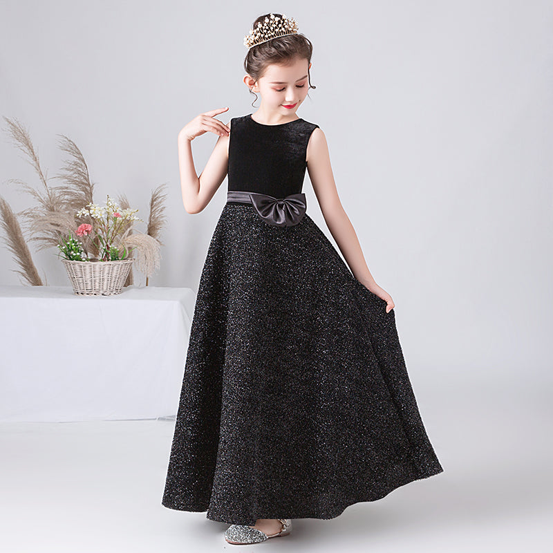 Girls Formal Dresses Black Sequin Piano Dresses For Teens Special Occasion Velvet Long Dress Sleeveless