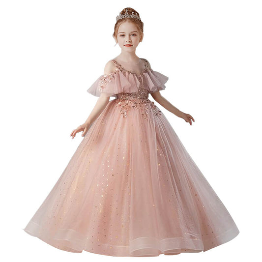 Blush Pink Beading Sequins Prom Flower Girl Dresses 2023 A-Line  Princess Scoop Neck Short Sleeve Floor-Length