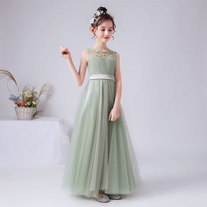 Sage Green Flower Girl Dresses Beaded Junior Bridesmaid Dresses Tulle Ball Gown Sleeveless