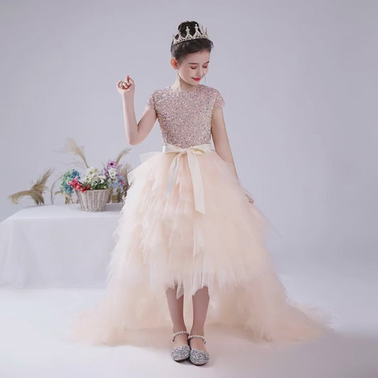 Junior Bridesmaid Dress Sequin Pageant Dress Puff Hi-Lo Birthday Party Dress For Little Girls Detachable Trailing Gown