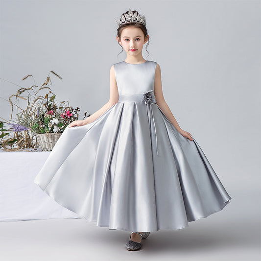 Satin Formal Dress For Girls Flower Belt Girls Evening Party Dress Sleeveless Long Dress First Communion Dress