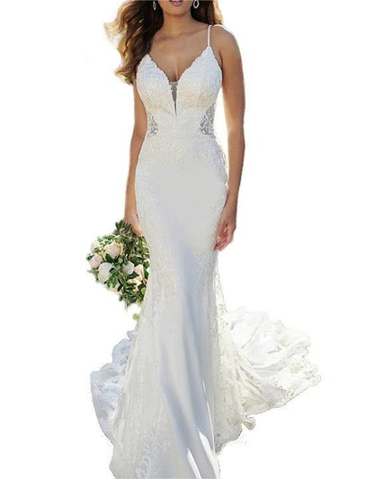 V-Neck Backless Lace Appliques Mermaid Wedding Dresses Spaghetti Straps Sweep Train Bride Gown