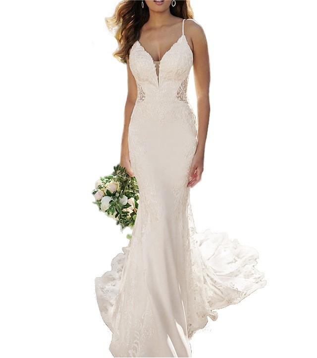 V-Neck Backless Lace Appliques Mermaid Wedding Dresses Spaghetti Straps Sweep Train Bride Gown