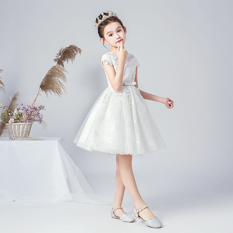 V-Neck Flower Girl Dresses White Lace Appliques Bridesmaid Dress For Wedding Girls Birthday Party Dress