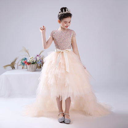 Juniors Pink Sequin Pageant Dress Puff Birthday Party Dress For Little Girls Detachable Trailing Gown