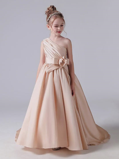 Girls Champagne Pageant Dresses Junior Formal Ball Gown Satin Trailing Princess Dress
