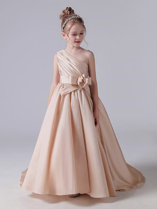 Girls Pageant Dresses One Shoulder Sleeveless Formal Satin Flower Girls Dress for Wedding Princess Ball Gown Flower Belt Dress