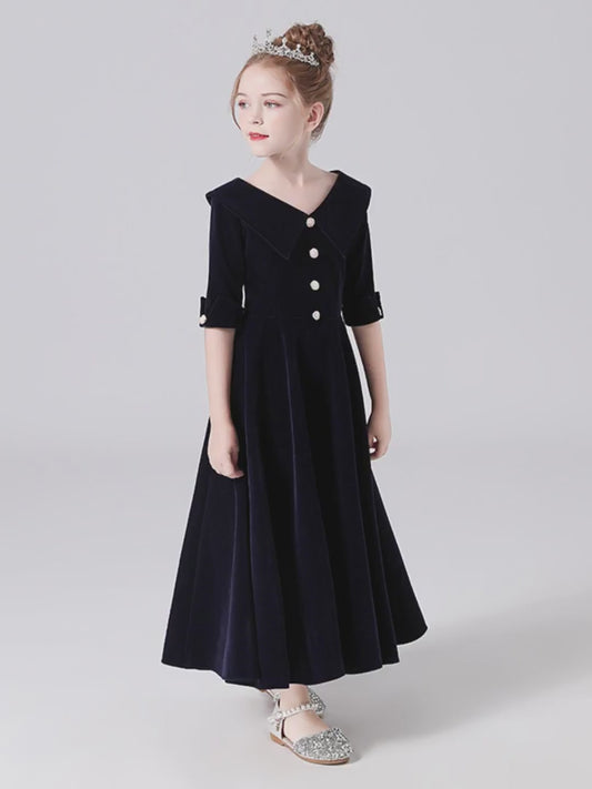 V-Neck Junior Special Occasion Dresses Velvet Long Dress For Teens Formal Dresses With Sleeves