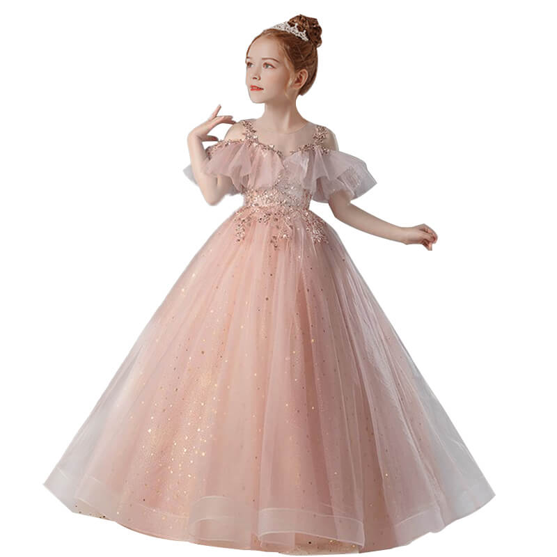 Blush Pink Beading Sequins Prom Flower Girl Dresses 2023 A-Line  Princess Scoop Neck Short Sleeve Floor-Length