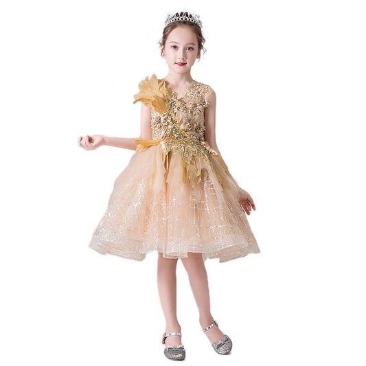 Gold Flower Girl Dress Princess Birthday Party Ball Gown Beaded Pageant Dress