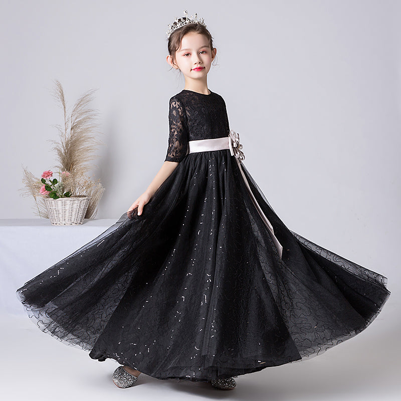 Junior Black Pageant Dresses Communion Dresses For Teen Girls Lace Formal Dresses With Sleeves