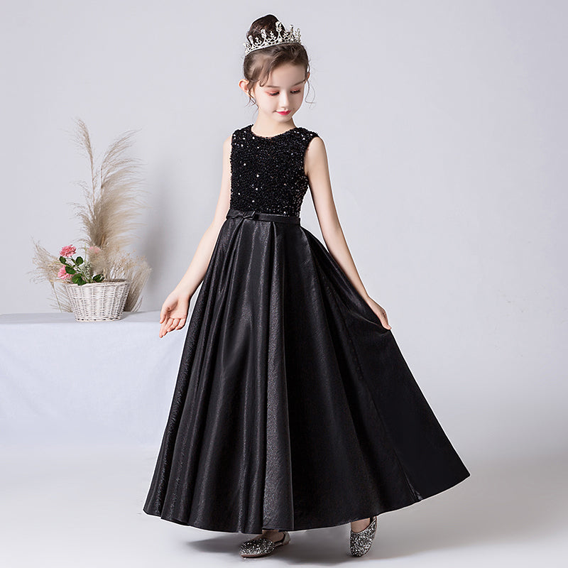 Crew Neck Black Formal Dresses For Girls Junior Sequin Special Occasion Dresses Elegant Satin Party Dress