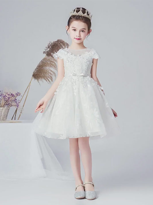 V-Neck Flower Girl Dresses White Lace Appliques Bridesmaid Dress For Wedding Girls Birthday Party Dress