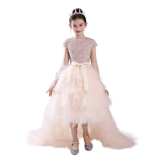 Juniors Pink Sequin Pageant Dress Puff Birthday Party Dress For Little Girls Detachable Trailing Gown