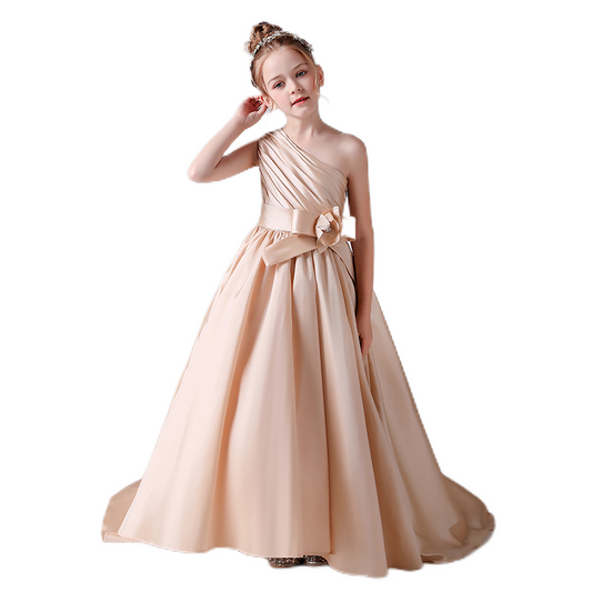 Girls Champagne Pageant Dresses Junior Formal Ball Gown Satin Trailing Princess Dress