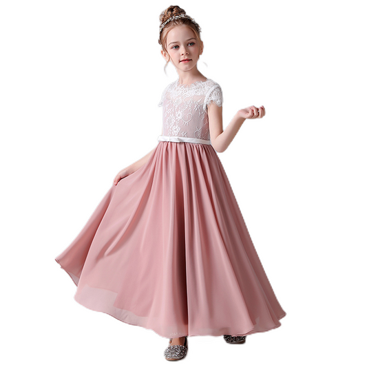 Pink Bridesmaid Dresses For Girls Chiffon Flower Girl Dresses Junior Elegant Birthday Ball Gown With Sleeves
