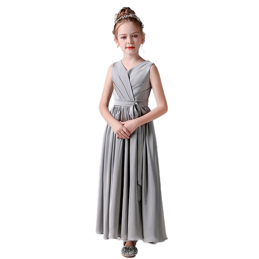 Grey Junior Bridesmaid Dress Girls V-Neck Formal Dresses Birthday Party Dresses For Teen Girls Sleeveless