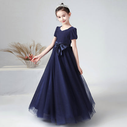 Elegant V-Neck Girls Formal Dresses Navy Blue Pageant Dress Long Velvet Dresses Floor Length