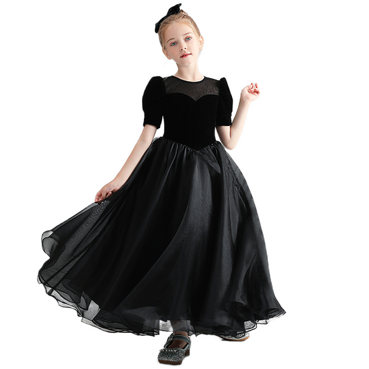 Black Formal Dresses For Teens Velvet Princess Special Occasion Dress Short Sleeve