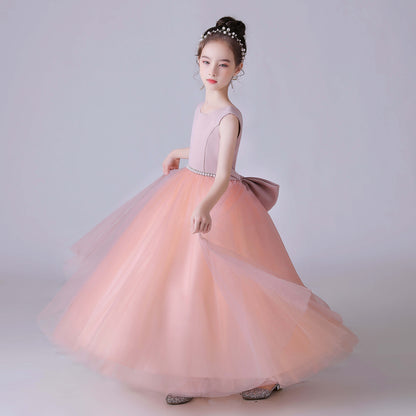 Pink V-Back Tulle Flower Girl Dress With Bow And Pearls