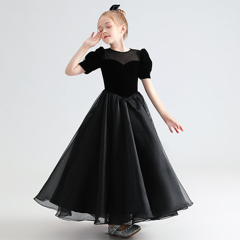 Black Formal Dresses For Teens Velvet Princess Special Occasion Dress Short Sleeve
