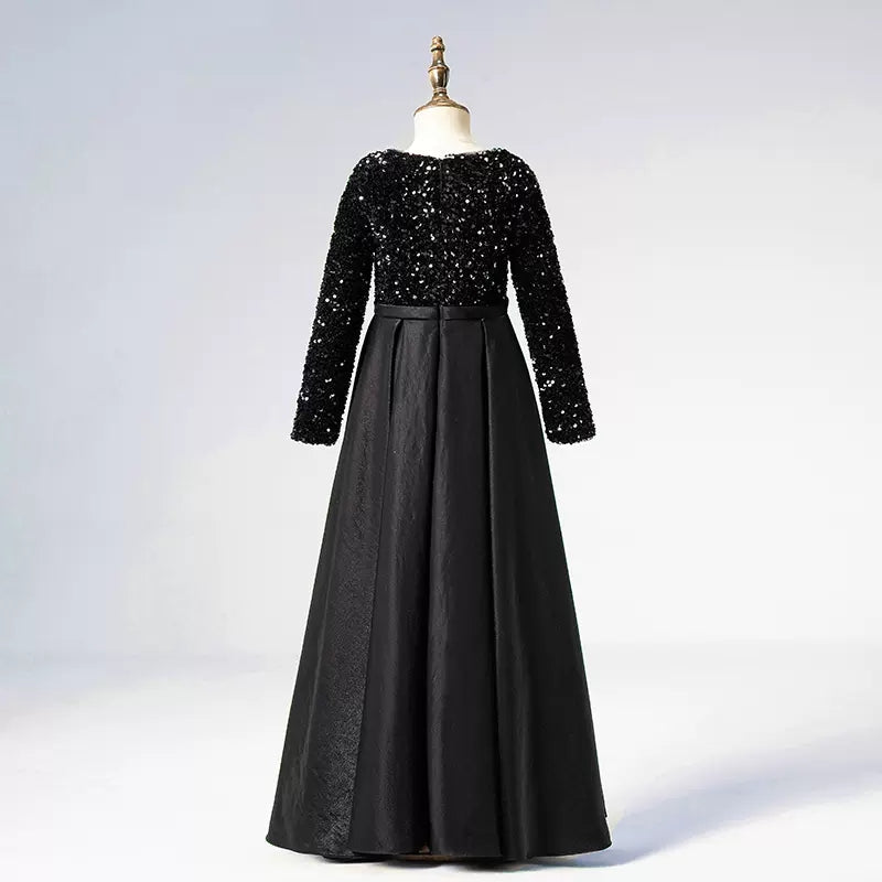Crew Neck Black Formal Dresses Junior Sequin Piano Dresses Elegant Satin Party Gown