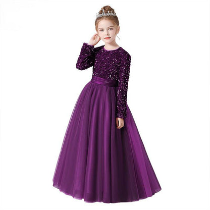 Flower Girl Dress Wedding Bridesmaid Sequins Tulle Puffy Skirt Girls Birthday Party Pageant Gown Floor Length