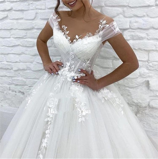 Elegant Lace Appliqued Puffy Tulle Wedding Dress Women 2025 Modern Bridal Beach Tulle Flower Gowns