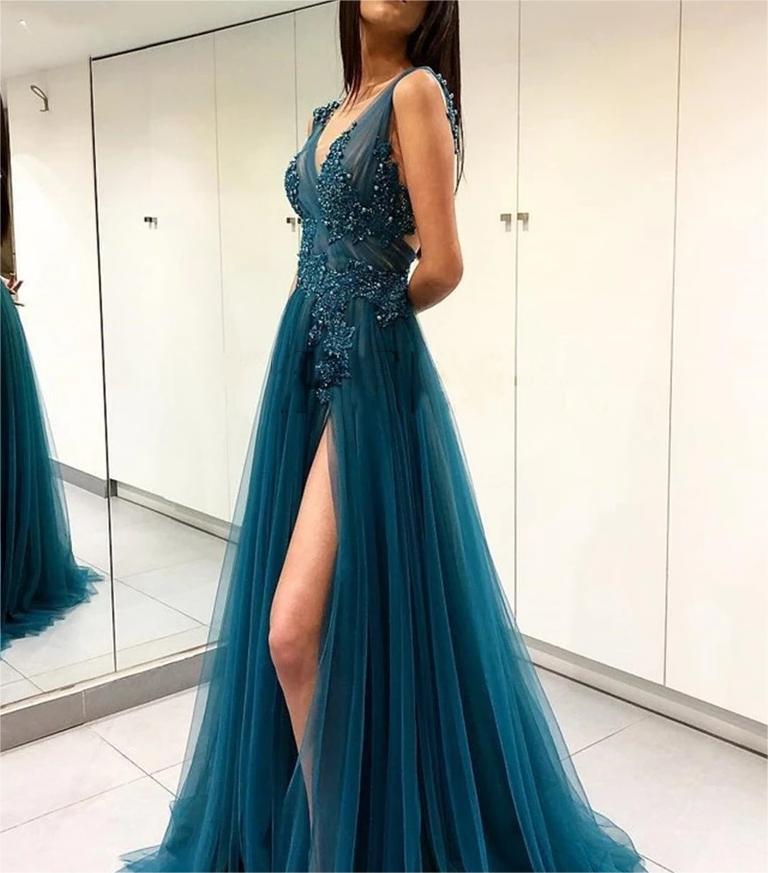A-Line V-Neck Tulle Evening Dresses Side Slit Appliques Beads Pleat Formal Party Prom Gown Floor Length