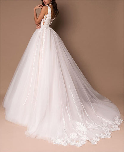 V-Neck Sleeveless Princess Wedding Dresses 2023 Lace Up Beads Applique Bridal Dress Ball Gown