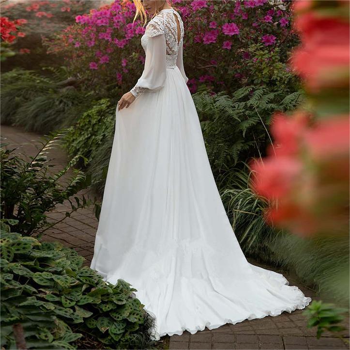 High Neck Chiffon Lace Appliques Bridal Gown 2023 Long Puffy Sleeves Boho Wedding Dresses