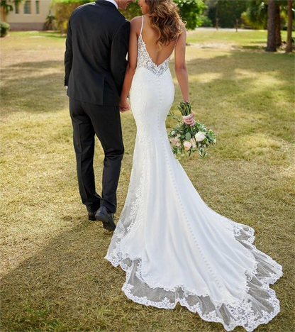 V-Neck Backless Lace Appliques Mermaid Wedding Dresses Spaghetti Straps Sweep Train Bride Gown