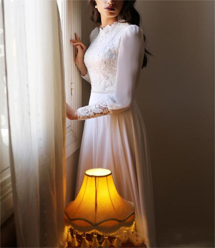 A-Line Boho Wedding Dress 2023 Long Sleeves High Neck Vintage Bridal Dress