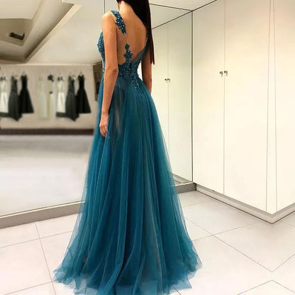 A-Line V-Neck Tulle Evening Dresses Side Slit Appliques Beads Pleat Formal Party Prom Gown Floor Length