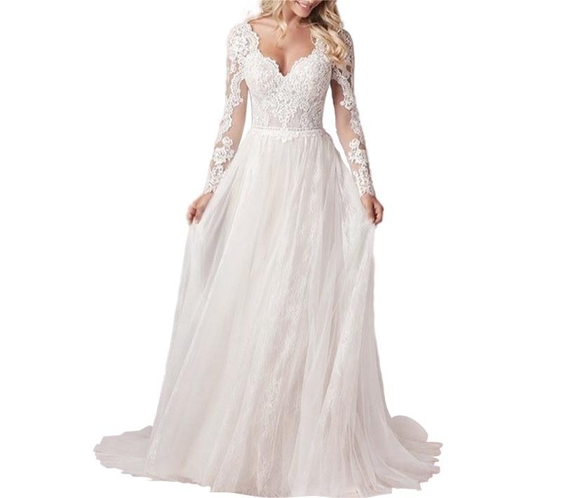 A-Line Lace Tulle Wedding Dress 2023 Boho V-Neck Appliques Bridal Gown Long Sleeve