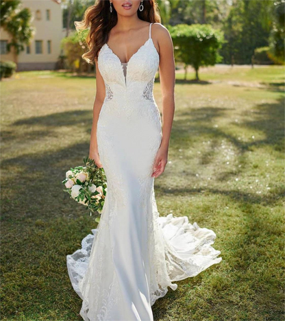 V-Neck Backless Lace Appliques Mermaid Wedding Dresses Spaghetti Straps Sweep Train Bride Gown