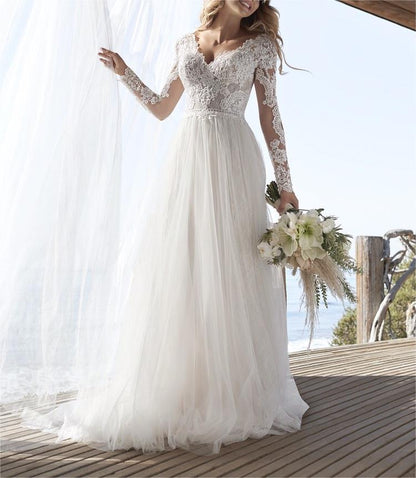 A-Line Lace Tulle Wedding Dress 2023 Boho V-Neck Appliques Bridal Gown Long Sleeve