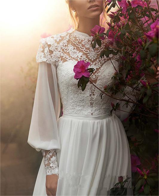High Neck Chiffon Lace Appliques Bridal Gown 2023 Long Puffy Sleeves Boho Wedding Dresses
